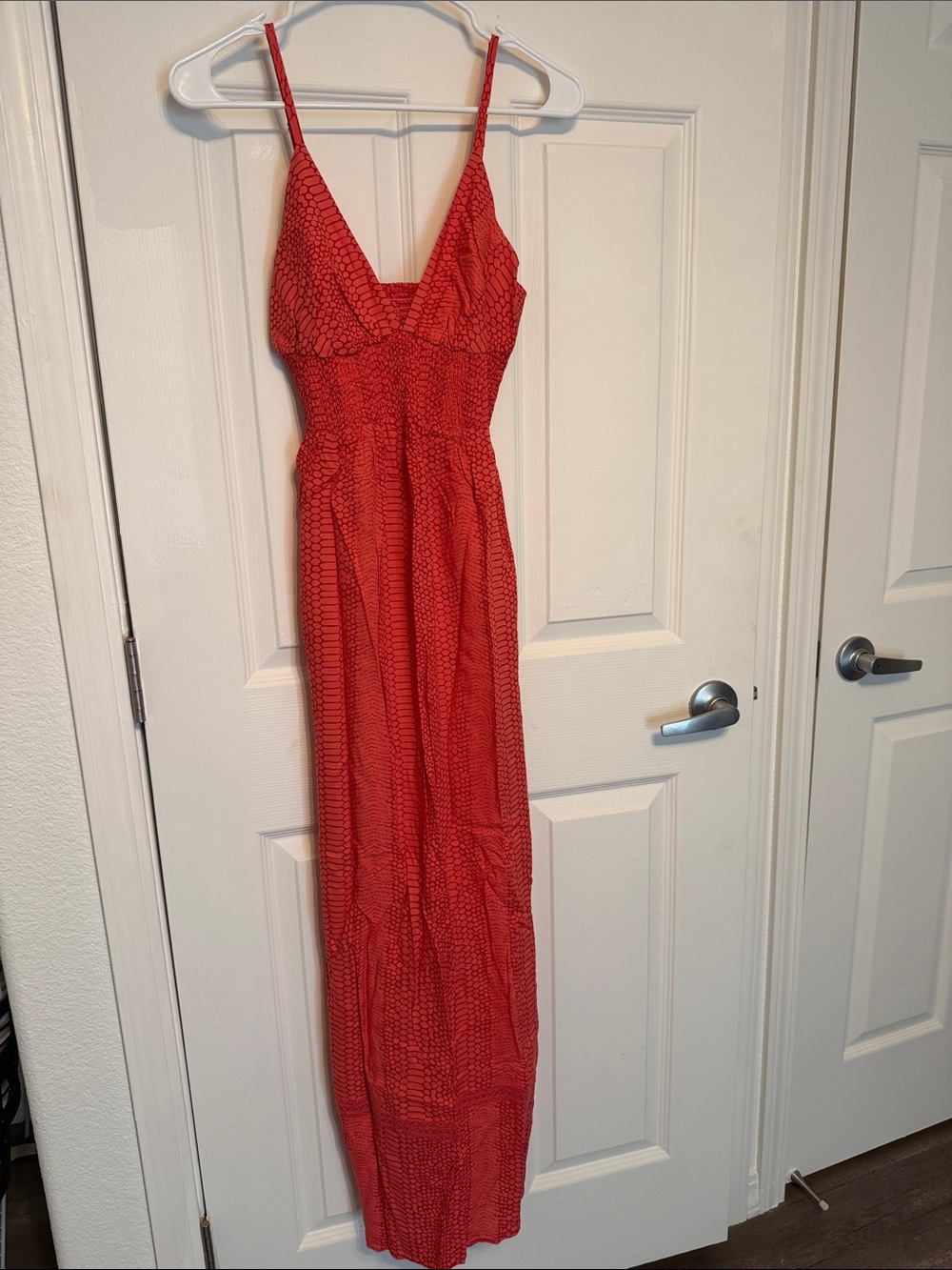 Red Spaghetti-Strap Maxi Dress with Subtle Textured Print